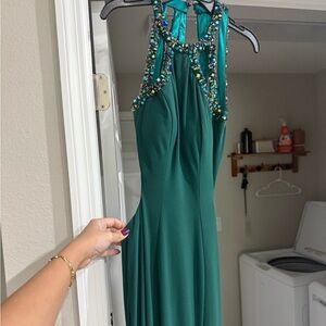 Betsy & Adam Teal Beaded Prom Dress